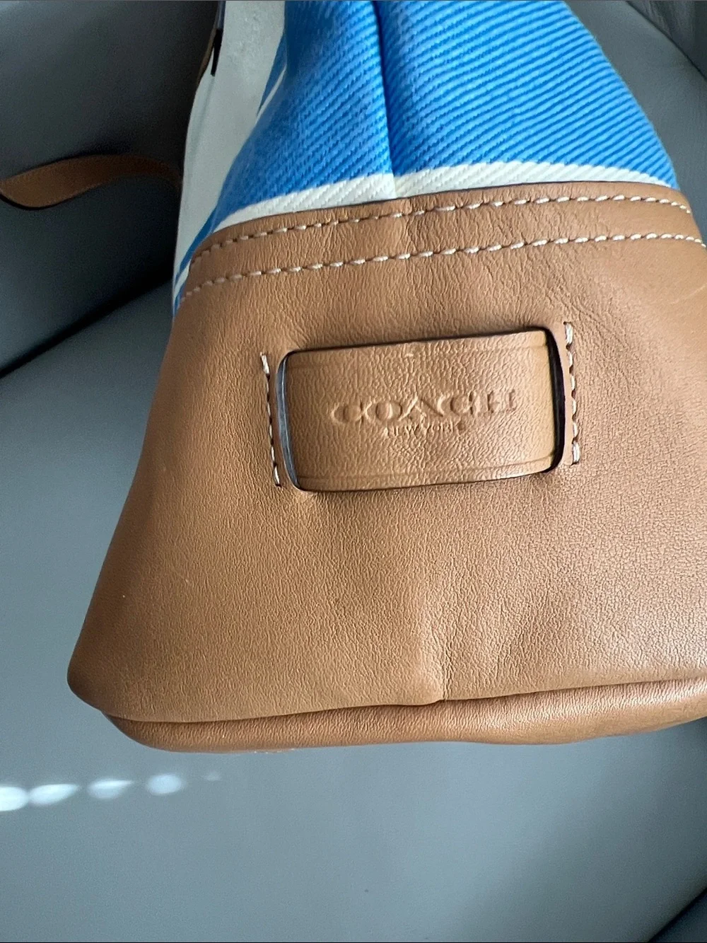 Coach Hadley Variegated Canvas Stripe Tote in Cream, Blue & Brown Leather